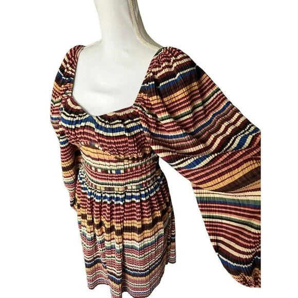 Zara Dress Fall Colors Striped Pleated Empire Waist SZ Medium Square Neck - Picture 5 of 13